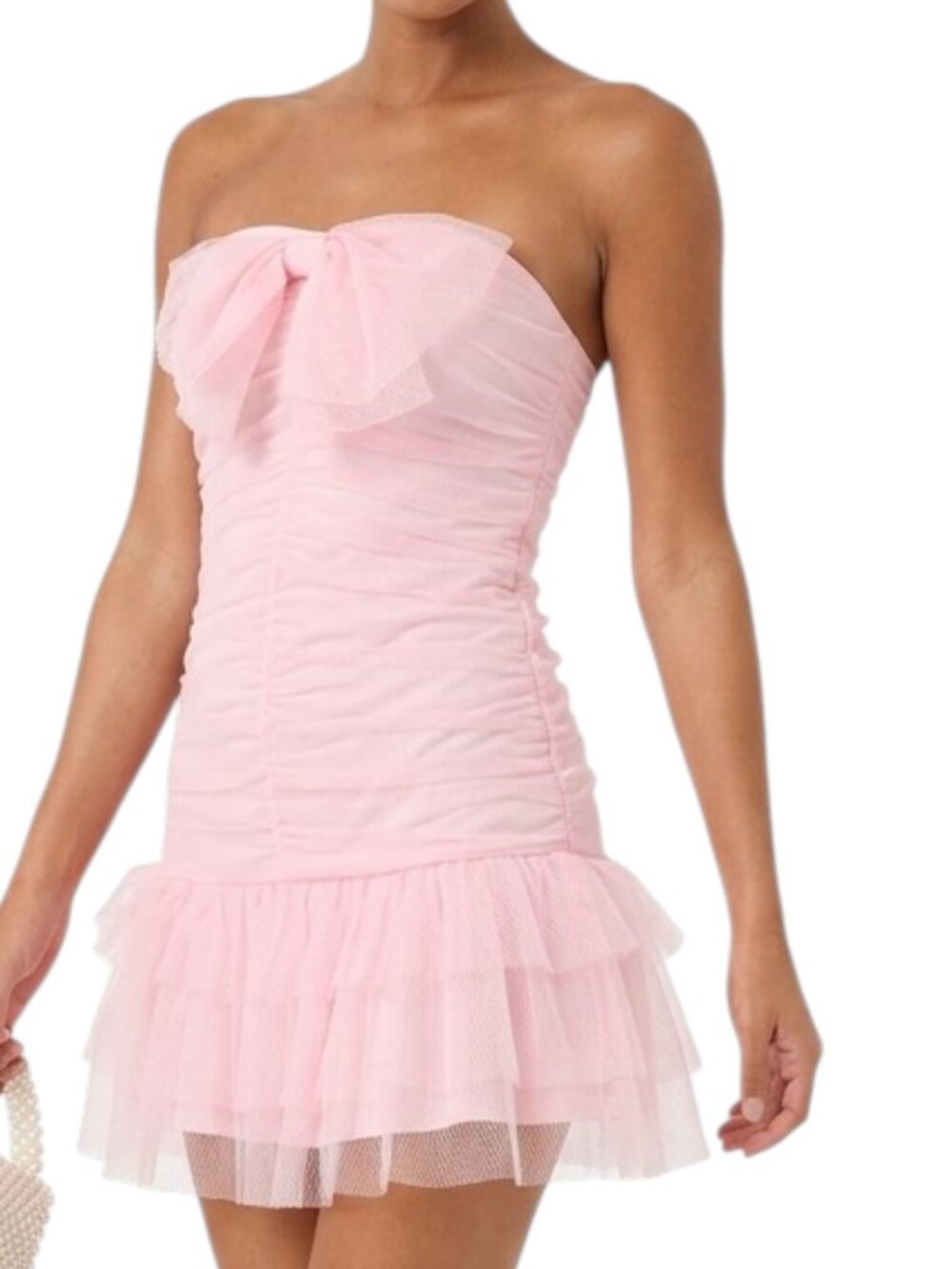 Lulus Picture-Perfect Persona Light Pink Mesh Bow Ruched Mini Dress, XXL, HOCO